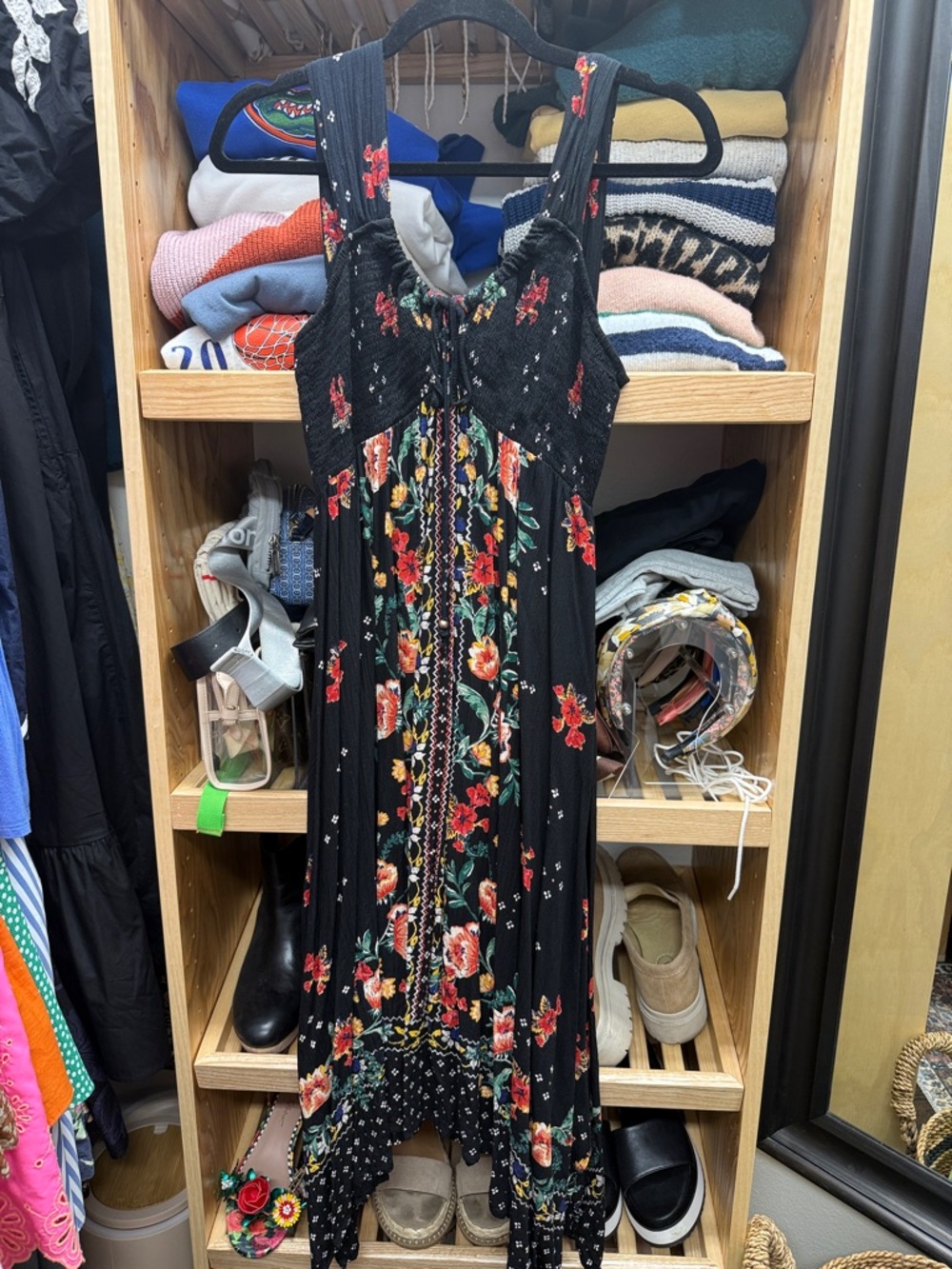 Angie Black Maxi Dress with Red & Green Floral Panels